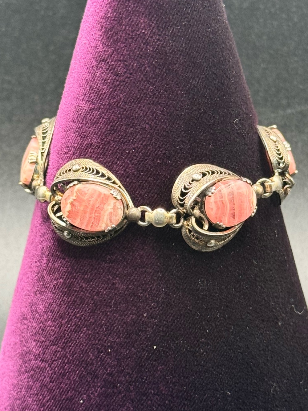 925 Vintage Sterling RhodochrositeStone Bracelet Elegant Design